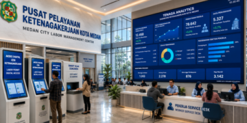 Dashboard interaktif Akses Digital Izin Ketenagakerjaan yang menampilkan sistem pemantauan data tenaga kerja real-time untuk mendukung efisiensi ketenagakerjaan kota Medan