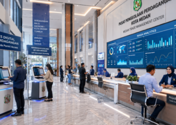 Dashboard interaktif Akses Digital Izin Perdagangan yang menampilkan sistem pemantauan data pasar real-time untuk mendukung efisiensi perdagangan kota Medan