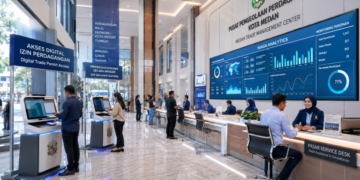 Dashboard interaktif Akses Digital Izin Perdagangan yang menampilkan sistem pemantauan data pasar real-time untuk mendukung efisiensi perdagangan kota Medan