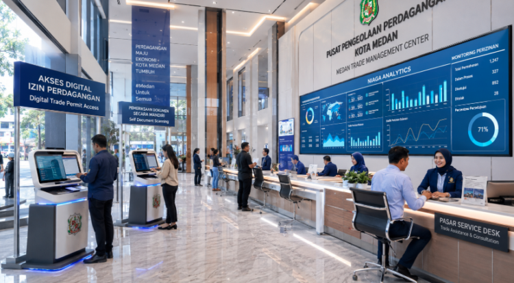 Dashboard interaktif Akses Digital Izin Perdagangan yang menampilkan sistem pemantauan data pasar real-time untuk mendukung efisiensi perdagangan kota Medan