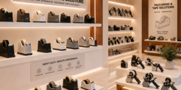 Jajaran tempat alat dispenser isolasi bahan bodi logam besi untuk usaha packing online shop dan alat tape dispenser machine heavy duty minimalis berbagai jangkauan ukuran diameter rol yang tersusun sangat rapi di dalam etalase toko perlengkapan kasir
