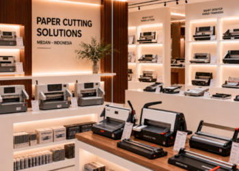 Jajaran tempat alat gergaji kertas tuas bahan bodi pelat besi baja untuk usaha fotokopi percetakan dan alat paper cutter guillotine heavy duty minimalis berbagai ukuran panjang papan yang tersusun sangat rapi di dalam etalase toko perlengkapan kantor