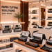 Jajaran tempat alat gergaji kertas tuas bahan bodi pelat besi baja untuk usaha fotokopi percetakan dan alat paper cutter guillotine heavy duty minimalis berbagai ukuran panjang papan yang tersusun sangat rapi di dalam etalase toko perlengkapan kantor