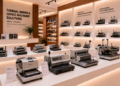 Jajaran tempat alat jilid lem panas bahan bodi pelat besi untuk usaha studio percetakan fotokopi dan alat thermal binding machine heavy duty minimalis berbagai setelan suhu pemanas lem lembaran yang tersusun sangat rapi di dalam etalase toko perlengkapan kantor