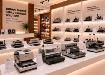 Jajaran tempat alat jilid lem panas bahan bodi pelat besi untuk usaha studio percetakan fotokopi dan alat thermal binding machine heavy duty minimalis berbagai setelan suhu pemanas lem lembaran yang tersusun sangat rapi di dalam etalase toko perlengkapan kantor