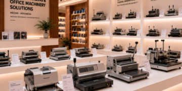 Jajaran tempat alat jilid lem panas bahan bodi pelat besi untuk usaha studio percetakan fotokopi dan alat thermal binding machine heavy duty minimalis berbagai setelan suhu pemanas lem lembaran yang tersusun sangat rapi di dalam etalase toko perlengkapan kantor
