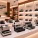 Jajaran tempat alat jilid lem panas bahan bodi pelat besi untuk usaha studio percetakan fotokopi dan alat thermal binding machine heavy duty minimalis berbagai setelan suhu pemanas lem lembaran yang tersusun sangat rapi di dalam etalase toko perlengkapan kantor