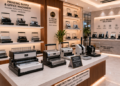 Jajaran tempat alat jilid spiral kawat bahan bodi logam pelat baja untuk usaha studio cetak foto fotokopi dan alat wire binding machine heavy duty minimalis berbagai pengatur ukuran diameter ring yang tersusun sangat rapi di dalam etalase toko perlengkapan dokumen