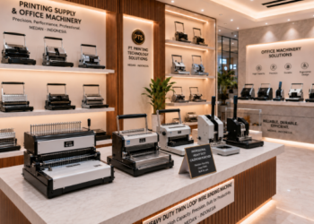 Jajaran tempat alat jilid spiral kawat bahan bodi logam pelat baja untuk usaha studio cetak foto fotokopi dan alat wire binding machine heavy duty minimalis berbagai pengatur ukuran diameter ring yang tersusun sangat rapi di dalam etalase toko perlengkapan dokumen