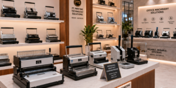 Jajaran tempat alat jilid spiral kawat bahan bodi logam pelat baja untuk usaha studio cetak foto fotokopi dan alat wire binding machine heavy duty minimalis berbagai pengatur ukuran diameter ring yang tersusun sangat rapi di dalam etalase toko perlengkapan dokumen