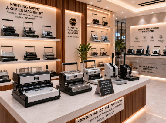 Jajaran tempat alat jilid spiral kawat bahan bodi logam pelat baja untuk usaha studio cetak foto fotokopi dan alat wire binding machine heavy duty minimalis berbagai pengatur ukuran diameter ring yang tersusun sangat rapi di dalam etalase toko perlengkapan dokumen
