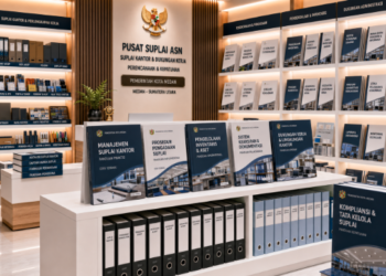 Jajaran tempat buku panduan alat kerja ASN Pemkot Medan Produktif bahan premium untuk usaha pembuatan rencana clearance logistik pegawai dan alat pusat instrumen clearance logistik Medan heavy duty minimalis berbagai folder lembar jaminan yang tersusun sangat rapi di dalam etalase toko perlengkapan kantor