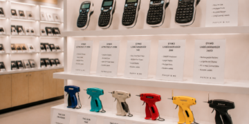 Jajaran tempat alat label harga bahan plastik abs tebal untuk toko retail dan alat price label maker minimalis berbagai warna bodi yang tersusun sangat rapi di dalam etalase toko perlengkapan niaga
