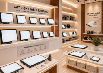 Jajaran tempat alat meja gambar lampu bahan bodi akrilik tebal untuk studio arsitek ilustrator dan alat LED light box tracing board heavy duty minimalis berbagai ukuran dimensi A3 A4 yang tersusun sangat rapi di dalam etalase toko perlengkapan seni