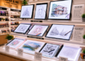 Jajaran tempat alat meja gambar pencahayaan bahan akrilik tebal untuk ilustrator komik dan alat light box tracing studio minimalis berbagai ukuran yang tersusun sangat rapi di dalam etalase toko perlengkapan seni