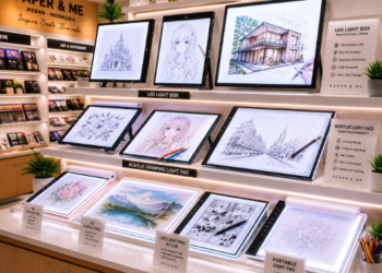 Jajaran tempat alat meja gambar pencahayaan bahan akrilik tebal untuk ilustrator komik dan alat light box tracing studio minimalis berbagai ukuran yang tersusun sangat rapi di dalam etalase toko perlengkapan seni