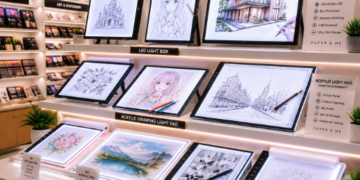 Jajaran tempat alat meja gambar pencahayaan bahan akrilik tebal untuk ilustrator komik dan alat light box tracing studio minimalis berbagai ukuran yang tersusun sangat rapi di dalam etalase toko perlengkapan seni