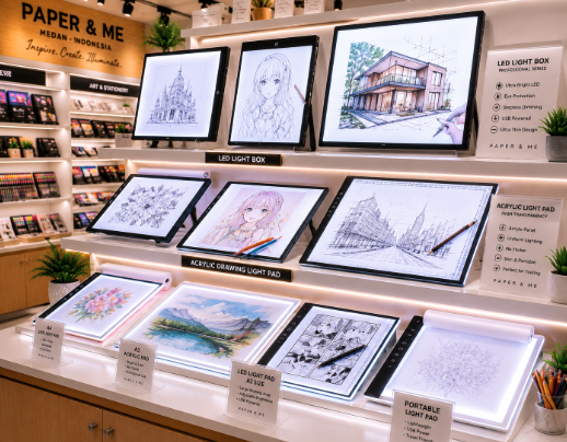 Jajaran tempat alat meja gambar pencahayaan bahan akrilik tebal untuk ilustrator komik dan alat light box tracing studio minimalis berbagai ukuran yang tersusun sangat rapi di dalam etalase toko perlengkapan seni