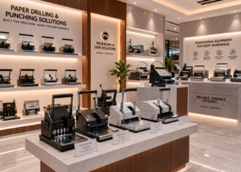 Jajaran tempat alat pelubang kertas tebal bahan bodi logam besi tuang untuk usaha jilid berkas fotokopi dan alat paper drill punch machine heavy duty minimalis berbagai kapasitas lubang lembaran yang tersusun sangat rapi di dalam etalase toko perlengkapan kantor