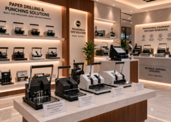 Jajaran tempat alat pemotong kartu nama bahan bodi pelat besi baja untuk usaha cetak id card fotokopi dan alat business card cutter heavy duty minimalis berbagai kecepatan potong otomatis yang tersusun sangat rapi di dalam etalase toko perlengkapan kantor