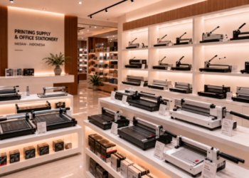 Jajaran tempat alat pemotong kertas putar bahan bodi rel logam aluminium untuk usaha studio foto cetak dan alat rotary paper cutter heavy duty minimalis berbagai panjang rel pisau bulat yang tersusun sangat rapi di dalam etalase toko perlengkapan kantor