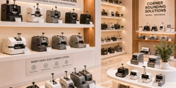Jajaran tempat alat pemotong sudut kertas bahan bodi logam cor untuk usaha jilid buku fotokopi dan alat corner rounder machine heavy duty minimalis berbagai ukuran radius pisau yang tersusun sangat rapi di dalam etalase toko perlengkapan kantor