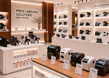 Jajaran tempat alat pencetak harga label bahan bodi plastik polikarbonat untuk usaha retail kelontong dan alat label price gun heavy duty minimalis berbagai jumlah baris cetakan yang tersusun sangat rapi di dalam etalase toko perlengkapan kasir