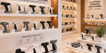 Jajaran tempat alat penembak label pakaian bahan bodi plastik ABS tebal untuk usaha butik konveksi dan alat tagging gun heavy duty minimalis berbagai ketebalan jarum baja yang tersusun sangat rapi di dalam etalase toko perlengkapan niaga
