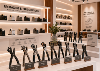 Jajaran tempat alat tang pelubang kulit bahan bodi baja karbon tempa untuk usaha kerajinan dompet tas dan alat leather hole punch plier heavy duty minimalis berbagai rentang diameter silinder yang tersusun sangat rapi di dalam etalase toko perlengkapan kriya