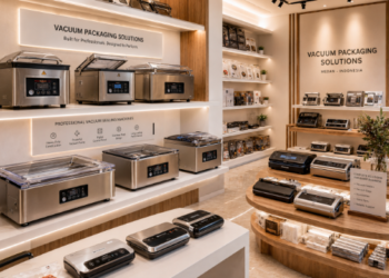Jajaran tempat alat vakum makanan portabel bahan bodi baja tahan karat untuk usaha makanan beku dan alat vacuum sealer machine heavy duty minimalis berbagai panjang kawat pemanas yang tersusun sangat rapi di dalam etalase toko perlengkapan niaga
