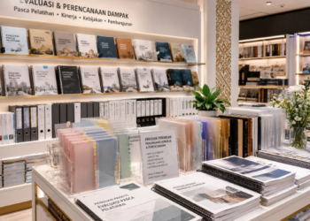 Jajaran tempat buku panduan dampak alumni diklat ASN Pemkot Medan Produktif bahan premium untuk usaha pembuatan rencana evaluasi pasca-pelatihan pegawai dan alat pusat instrumen evaluasi pasca-pelatihan Medan heavy duty minimalis berbagai folder lembar return on investment yang tersusun sangat rapi di dalam etalase toko perlengkapan kantor