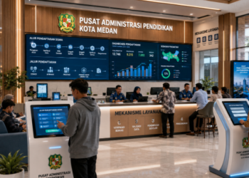 Dashboard interaktif Alur Pendaftaran Siswa yang menampilkan alur mekanisme registrasi real-time untuk mendukung efisiensi pendaftaran kota Medan.