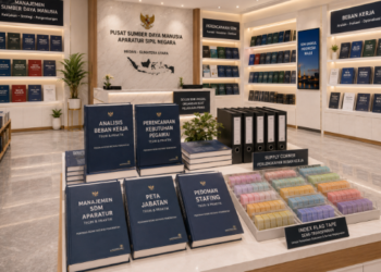 Jajaran tempat buku panduan analisis beban jabatan ASN Medan bahan premium untuk usaha penyeimbangan tugas pegawai dan alat pusat instrumen objektivitas Medan heavy duty minimalis berbagai folder standar waktu yang tersusun sangat rapi di dalam etalase toko perlengkapan kantor