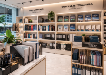 Jajaran tempat buku panduan analisis beban kerja ASN bahan premium untuk usaha penataan struktur kelembagaan organisasi dan alat pusat instrumen ANJAB Medan heavy duty minimalis berbagai folder data yang tersusun sangat rapi di dalam etalase toko perlengkapan kantor