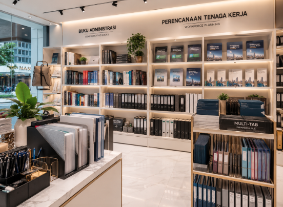 Jajaran tempat buku panduan analisis beban kerja ASN bahan premium untuk usaha penataan struktur kelembagaan organisasi dan alat pusat instrumen ANJAB Medan heavy duty minimalis berbagai folder data yang tersusun sangat rapi di dalam etalase toko perlengkapan kantor