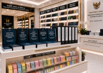 Jajaran tempat buku panduan analisis beban kerja mandiri ASN bahan premium untuk usaha pelaporan durasi riil pegawai dan alat pusat instrumen validasi Medan heavy duty minimalis berbagai folder kuesioner yang tersusun sangat rapi di dalam etalase toko perlengkapan kantor