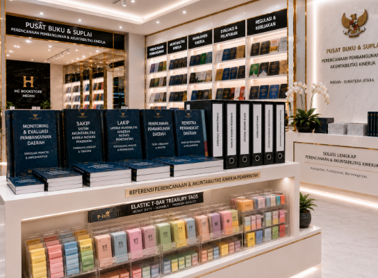 Jajaran tempat buku panduan analisis beban kerja mandiri ASN bahan premium untuk usaha pelaporan durasi riil pegawai dan alat pusat instrumen validasi Medan heavy duty minimalis berbagai folder kuesioner yang tersusun sangat rapi di dalam etalase toko perlengkapan kantor