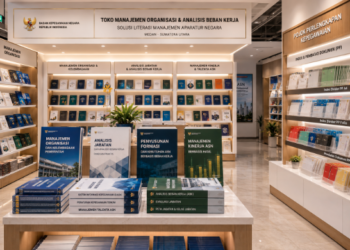 Jajaran tempat buku panduan analisis formasi pegawai ASN bahan premium untuk usaha perhitungan pegawai dan alat pusat instrumen abk Medan heavy duty minimalis berbagai folder efisiensi kerja yang tersusun sangat rapi di dalam etalase toko perlengkapan kantor