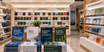 Jajaran tempat buku panduan analisis formasi pegawai ASN bahan premium untuk usaha perhitungan pegawai dan alat pusat instrumen abk Medan heavy duty minimalis berbagai folder efisiensi kerja yang tersusun sangat rapi di dalam etalase toko perlengkapan kantor