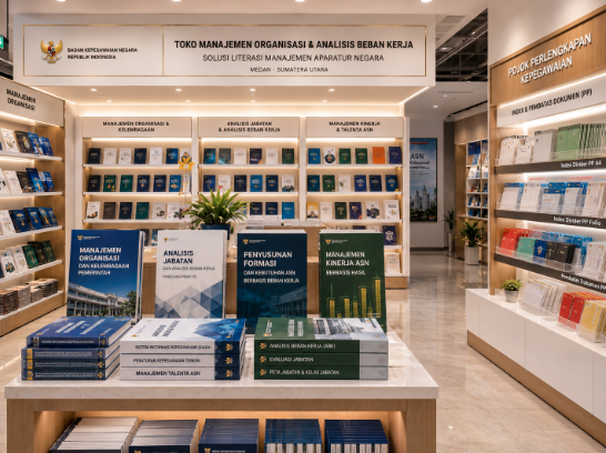Jajaran tempat buku panduan analisis formasi pegawai ASN bahan premium untuk usaha perhitungan pegawai dan alat pusat instrumen abk Medan heavy duty minimalis berbagai folder efisiensi kerja yang tersusun sangat rapi di dalam etalase toko perlengkapan kantor