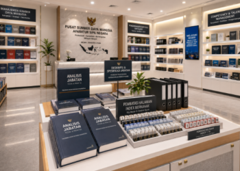 Jajaran tempat buku panduan analisis jabatan ASN Medan bahan premium untuk usaha pemetaan ikhtisar tugas pegawai dan alat pusat instrumen anjab Medan heavy duty minimalis berbagai folder uraian jabatan yang tersusun sangat rapi di dalam etalase toko perlengkapan kantor