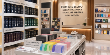 Jajaran tempat buku panduan analisis jabatan pegawai ASN bahan premium untuk usaha penyusunan deskripsi tugas pegawai dan alat pusat instrumen anjab Medan heavy duty minimalis berbagai folder peta jabatan yang tersusun sangat rapi di dalam etalase toko perlengkapan kantor
