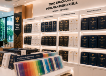 Jajaran tempat buku panduan analisis risiko jabatan ASN bahan premium untuk usaha mitigasi bahaya kerja pegawai dan alat pusat instrumen k3 Medan heavy duty minimalis berbagai folder daftar bahaya yang tersusun sangat rapi di dalam etalase toko perlengkapan kantor