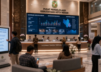 Dashboard interaktif Aplikasi Canggih Izin Kebudayaan yang menampilkan sistem pemantauan data seni real-time untuk mendukung efisiensi kebudayaan kota Medan