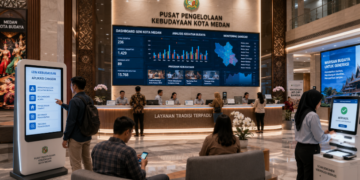 Dashboard interaktif Aplikasi Canggih Izin Kebudayaan yang menampilkan sistem pemantauan data seni real-time untuk mendukung efisiensi kebudayaan kota Medan