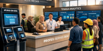 Dashboard interaktif Aplikasi Canggih Izin Kerja yang menampilkan sistem pemantauan data tenaga real-time untuk mendukung efisiensi ketenagakerjaan kota Medan