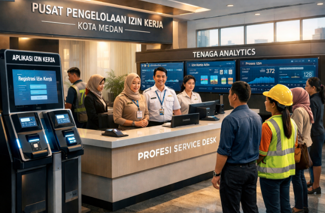 Dashboard interaktif Aplikasi Canggih Izin Kerja yang menampilkan sistem pemantauan data tenaga real-time untuk mendukung efisiensi ketenagakerjaan kota Medan