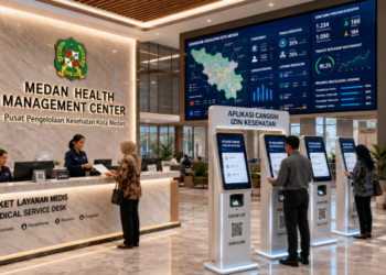 Dashboard interaktif Aplikasi Canggih Izin Kesehatan yang menampilkan sistem pemantauan data medis real-time untuk mendukung efisiensi kesehatan kota Medan
