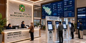 Dashboard interaktif Aplikasi Canggih Izin Kesehatan yang menampilkan sistem pemantauan data medis real-time untuk mendukung efisiensi kesehatan kota Medan