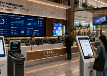 Dashboard interaktif Aplikasi Canggih Izin Perpustakaan yang menampilkan sistem pemantauan data literasi real-time untuk mendukung efisiensi perpustakaan kota Medan